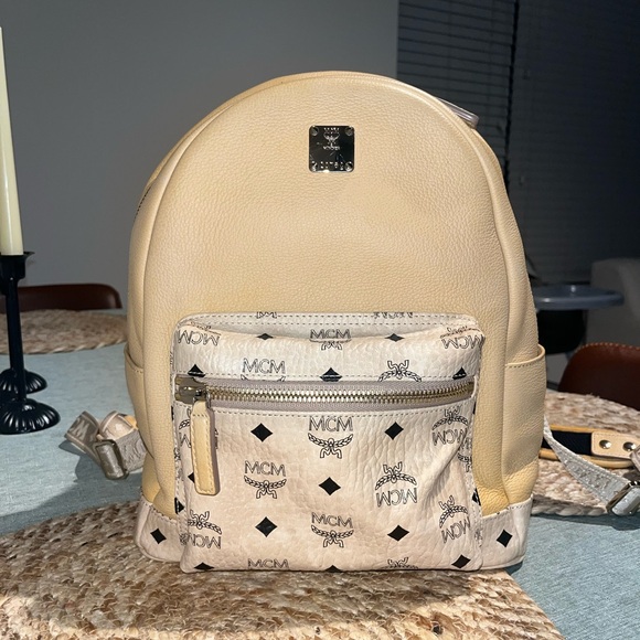 MCM Beige Leather Backpack with Logo Plaque - Picture 1 of 5